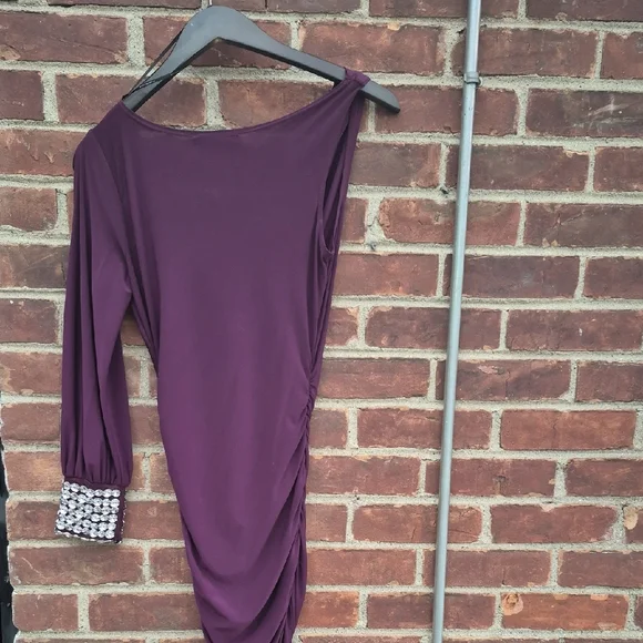 Symphony Purple One Shoulder Dress With Rhinestones. - Picture 3 of 6